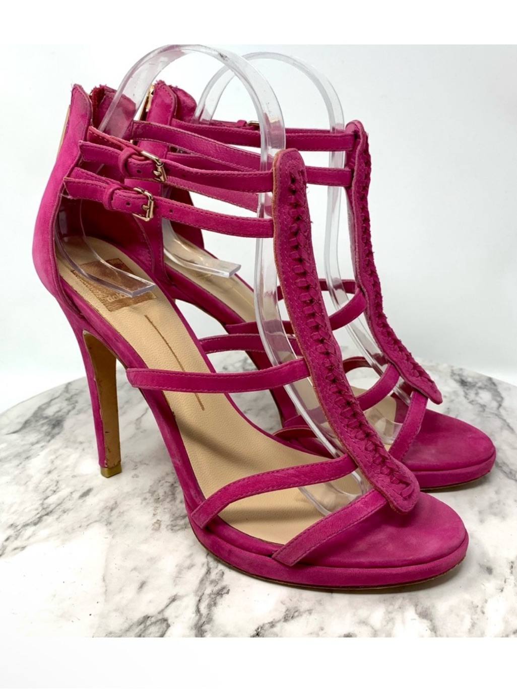 Dolce Vita Camilla Pink Suede T-Strap Braided Sandal Pumps 7.5 Cocktail Evening